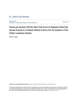 Penal Law Section 245.00: New York Court of Appeals Holds That Sexual Activity in a Parked Vehicle Is Not a Per Se Violation of the Public Lewdness Statute