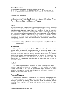 Understanding Toxic Leadership in Higher Education Work Places Through Betrayal Trauma Theory