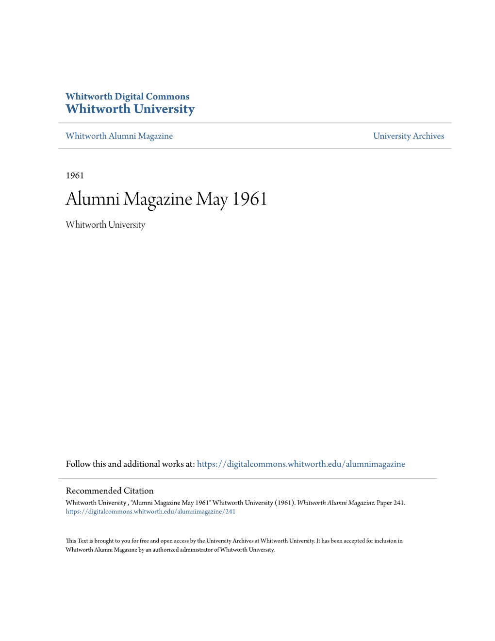 Alumni Magazine May 1961 Whitworth University