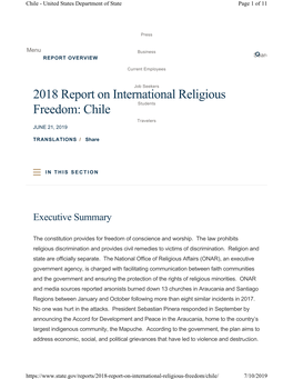2018 Report on International Religious Freedom: Chile Students Travelers JUNE 21, 2019