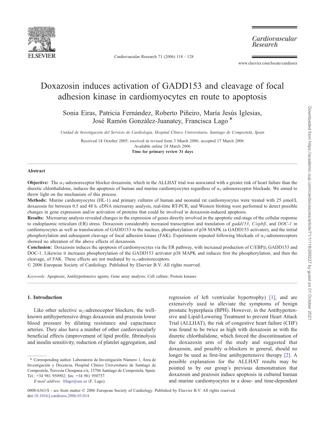 Doxazosin Induces Activation of GADD153 and Cleavage of Focal