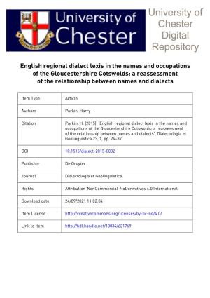 English Regional Dialect Lexis in the Names and Occupations of the Gloucestershire Cotswolds: a Reassessment of the Relationship Between Names and Dialects