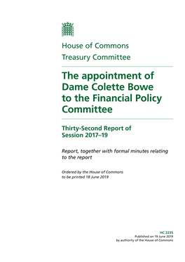 Appointment of Dame Colette Bowe to the Financial Policy Committee