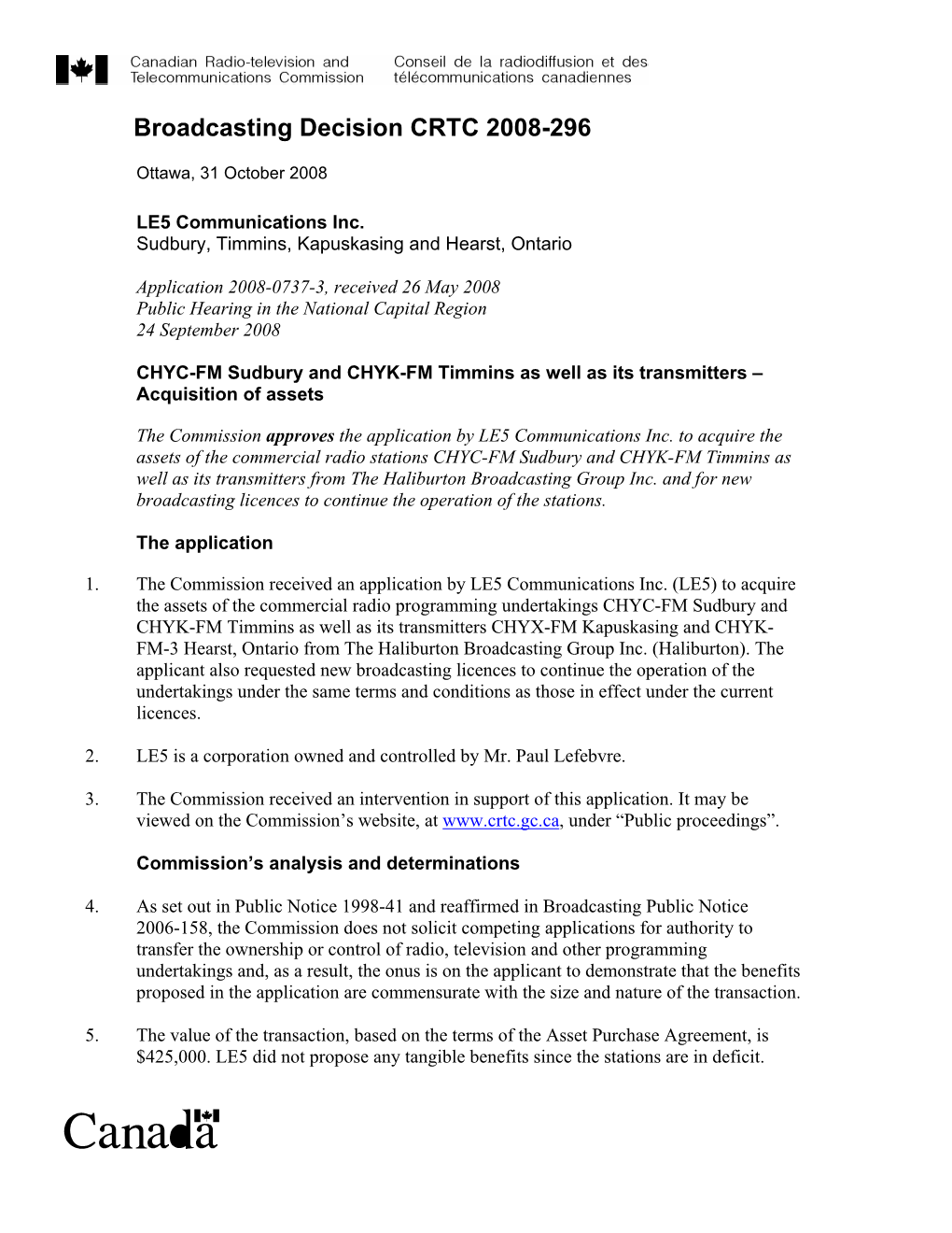 Broadcasting Decision CRTC 2008-296