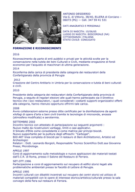ANTONIO DESIDERIO Via G. Di Vittorio, 38/40, ELLERA Di Corciano – 06073 (PG) — Cell