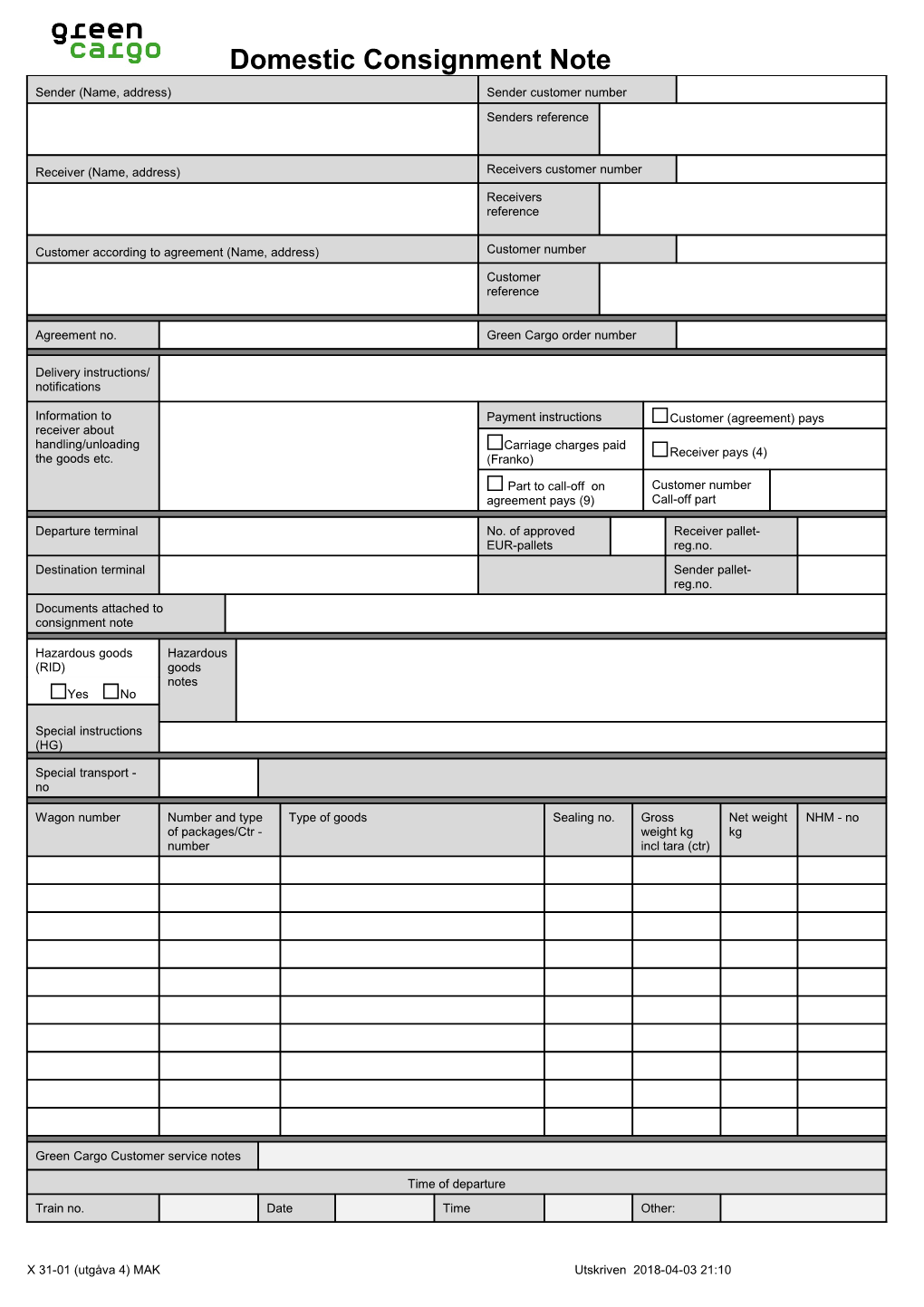 Domestic Consignment Note