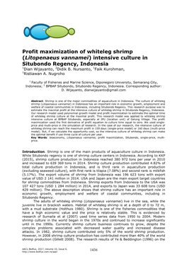Profit Maximization of Whiteleg Shrimp (Litopenaeus Vannamei) Intensive Culture in Situbondo Regency, Indonesia 1Dian Wijayanto, 2Didik B