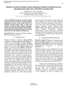 Machine Learning Technique Used in Enhancing Teaching Learning Process in Education Sector and Review of Machine Learning Tools Diptiverma #1, Dr