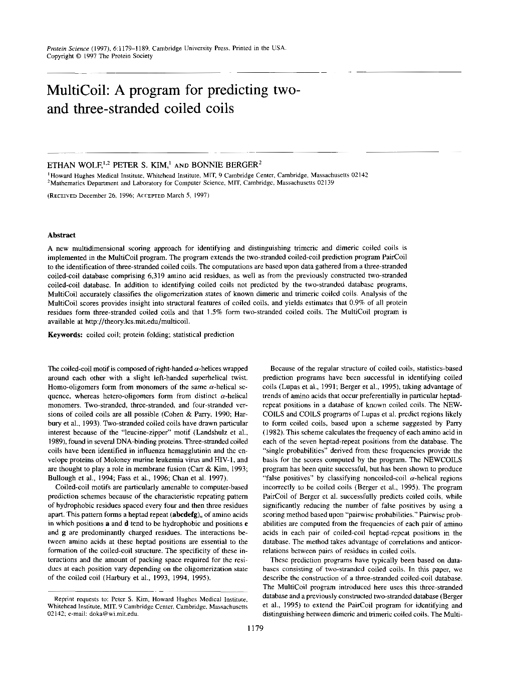 Multicoil: a Program for Predicting Two-And Three-Stranded Coiled Coils