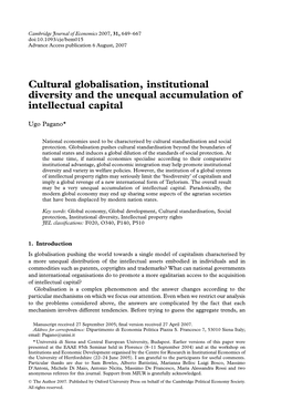 Cultural Globalisation, Institutional Diversity and the Unequal Accumulation of Intellectual Capital