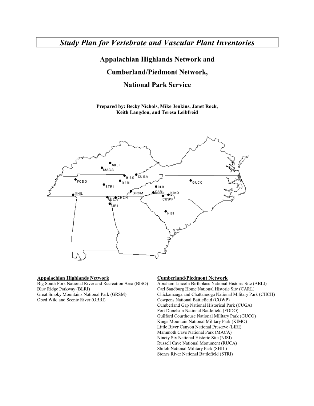 Study Plan for Vertebrate and Vascular Plant Inventories