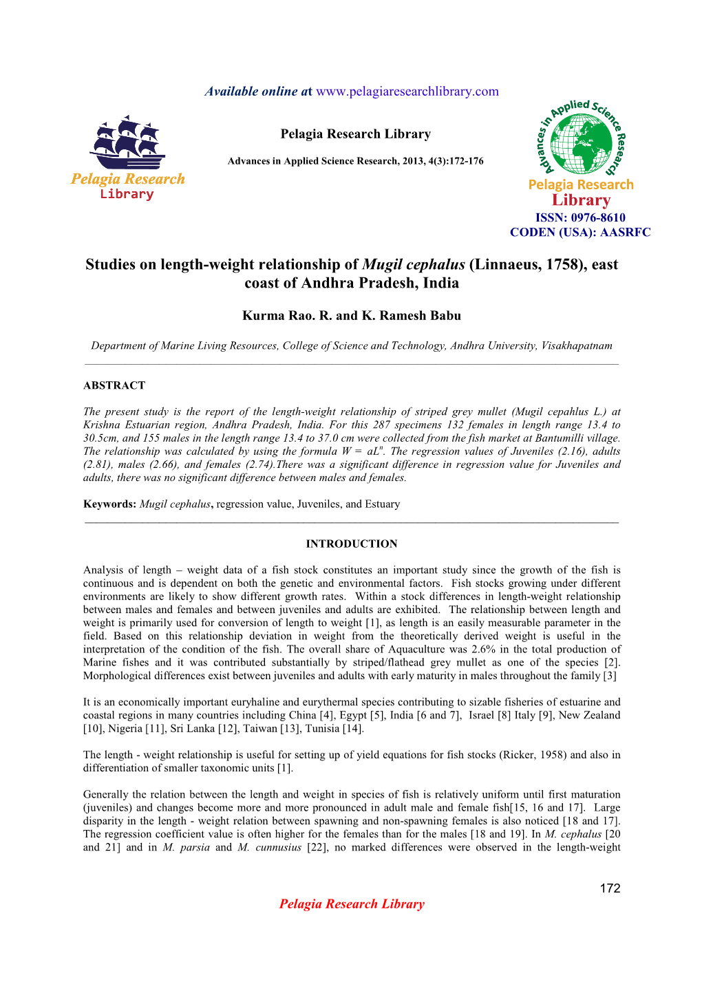 Studies on Length-Weight Relationship of Mugil Cephalus (Linnaeus, 1758), East Coast of Andhra Pradesh, India