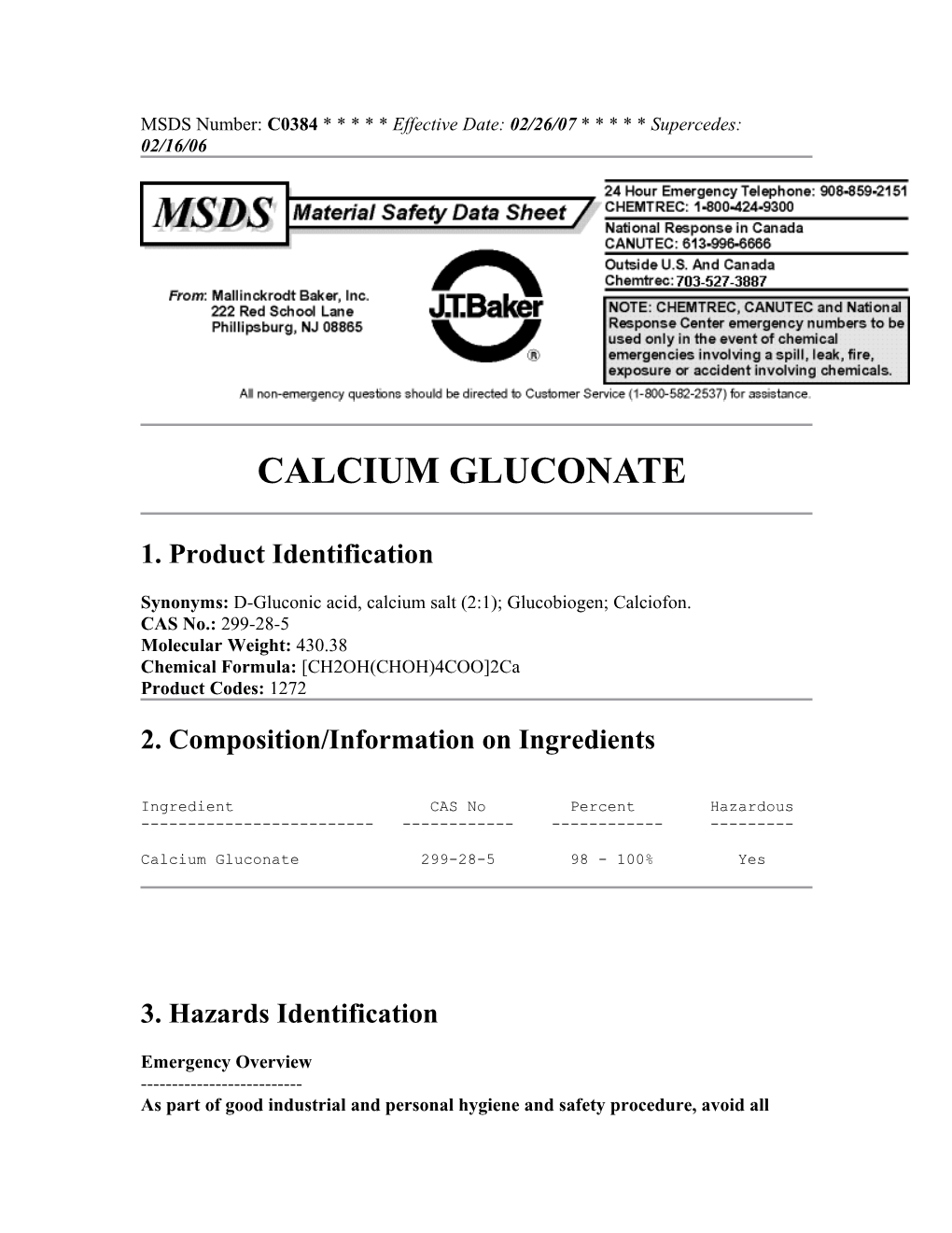 MSDS Number: C0384 * * * * * Effective Date: 02/26/07 * * * * * Supercedes: 02/16/06