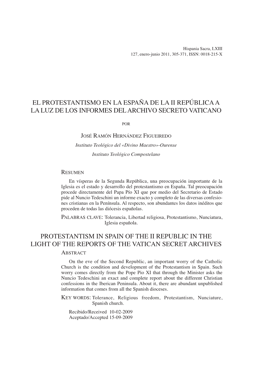 EL PROTESTANTISMO EN LA España DE LA II República a LA Luz DE LOS INFORMES DEL ARCHIVO SECRETO VATICANO