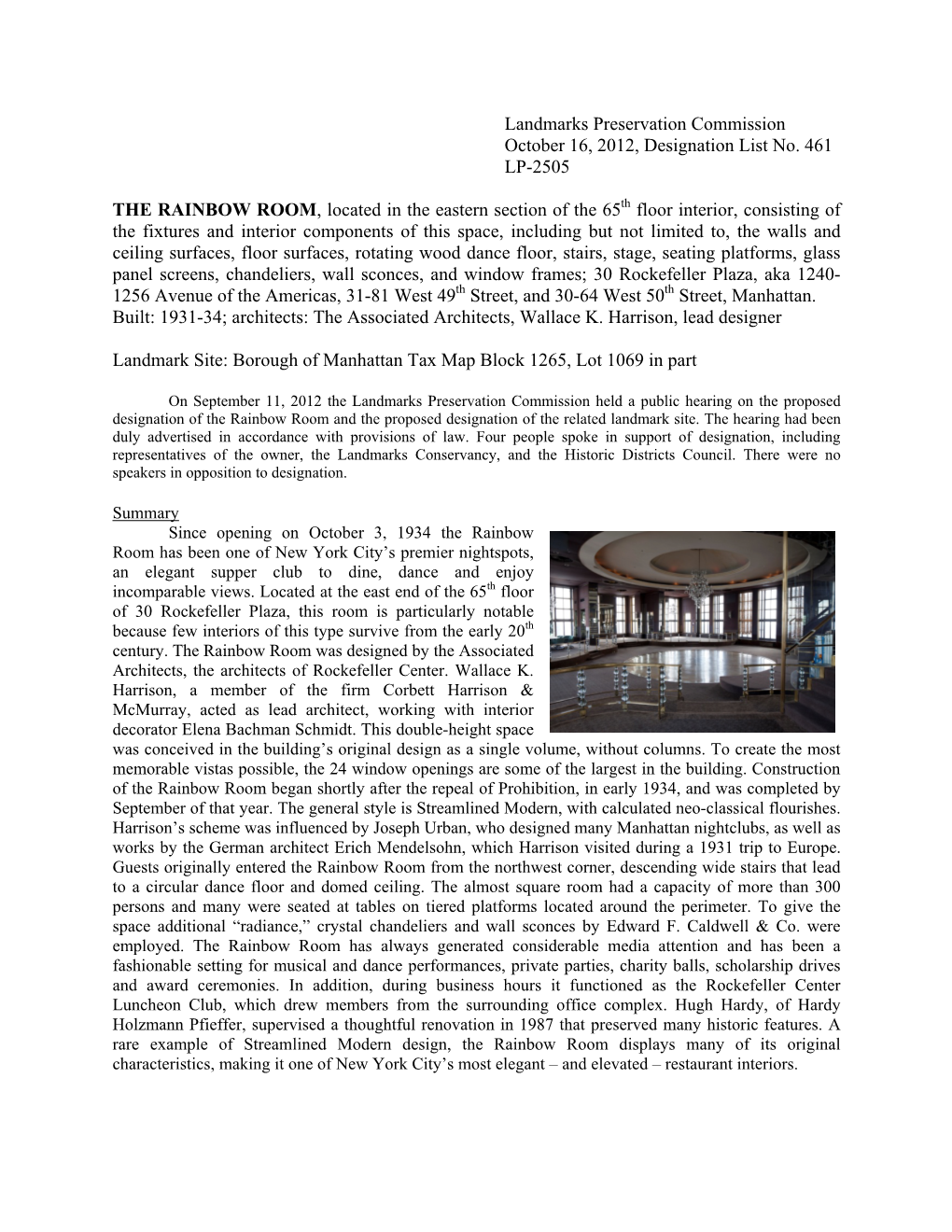 Landmarks Preservation Commission October 16, 2012, Designation List No. 461 LP-2505 the RAINBOW ROOM, Located in the Eastern Section of the 65