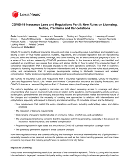 COVID-19 Insurance Laws and Regulations Part II: New Rules on Licensing, Notice, Premiums and Cancellations