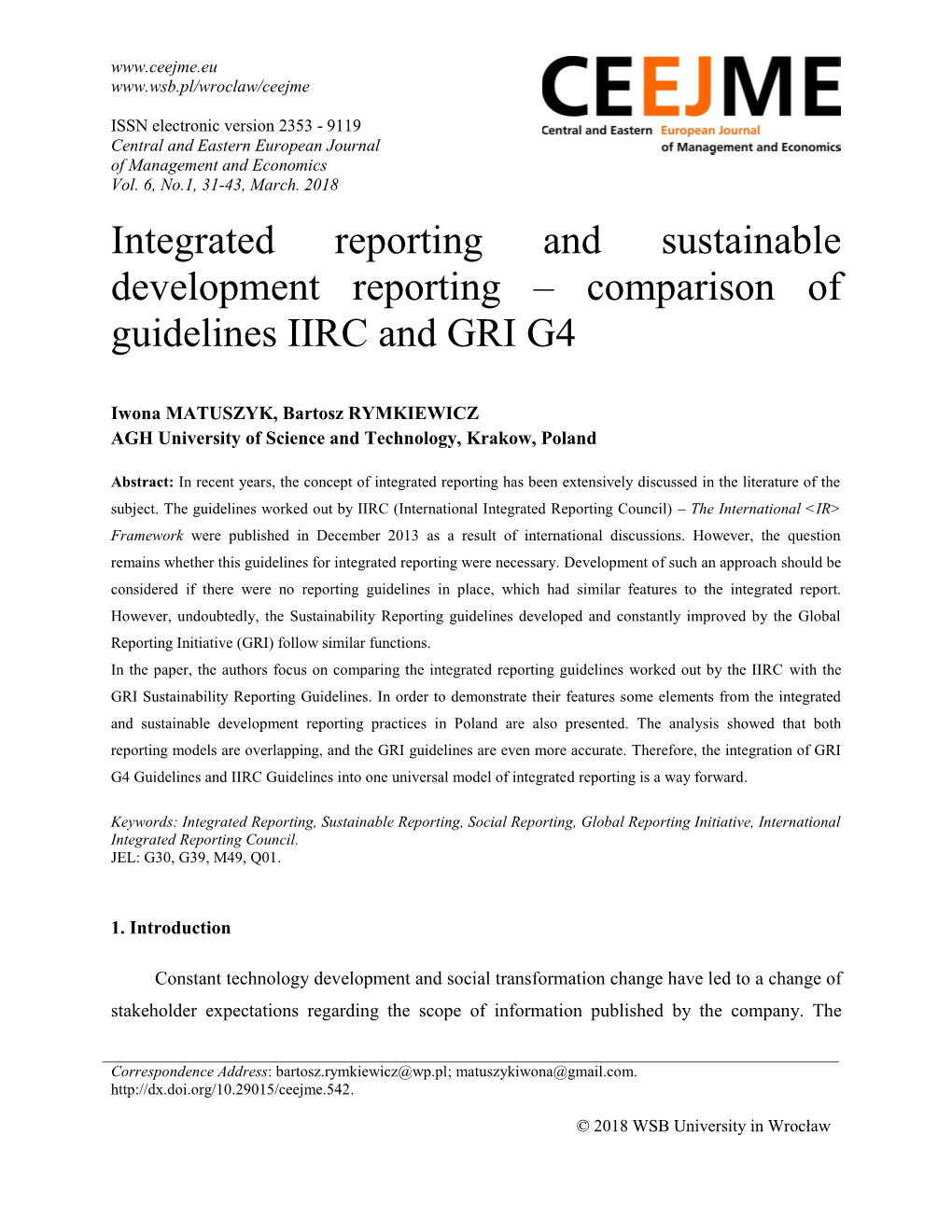 Integrated Reporting and Sustainable Development Reporting – Comparison of Guidelines IIRC and GRI G4