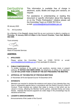 Agenda Or on the “Public Participation” Initiative Please Call the Committee Team on 01629 761133 Or E-Mail: Committee@Derbyshiredales.Gov.Uk 08 January 2020