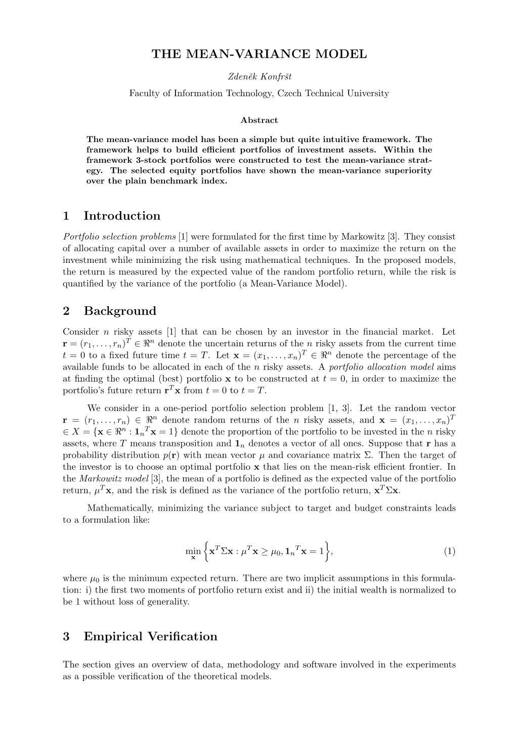 THE MEAN-VARIANCE MODEL 1 Introduction 2 Background 3