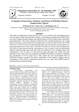 Evaluation of Some Heavy Metals in Aerial Parts of Wild Rice Plant in Kaduna State, Nigeria