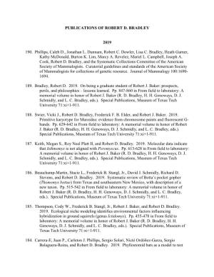 PUBLICATIONS of ROBERT D. BRADLEY 2019 190. Phillips, Caleb D., Jonathan L. Dunnam, Robert C. Dowler, Lisa C. Bradley, Heath Ga
