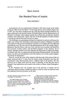 Short Article One Hundred Years of Aspirin