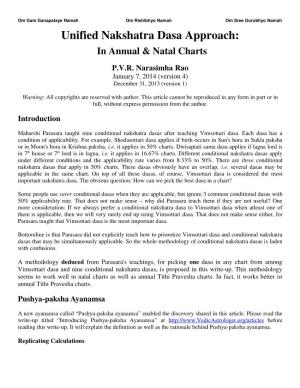 Unified Nakshatra Dasa Approach: in Annual & Natal Charts