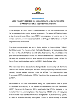 Media Release More Than Five Decades On, Asean Remains a Key Platform to Champion Regional Socio-Economic Cause