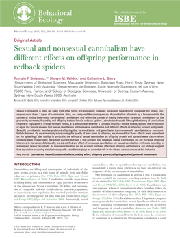 Sexual and Nonsexual Cannibalism Have Different Effects on Offspring Performance in Redback Spiders