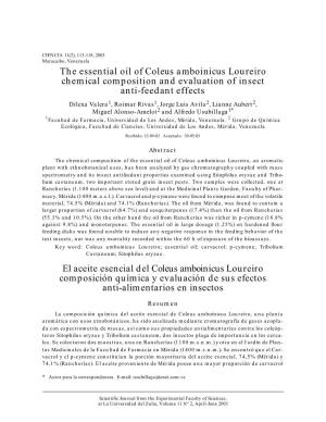 The Essential Oil of Coleus Amboinicus Loureiro Chemical Composition and Evaluation of Insect Anti-Feedant Effects El Aceite
