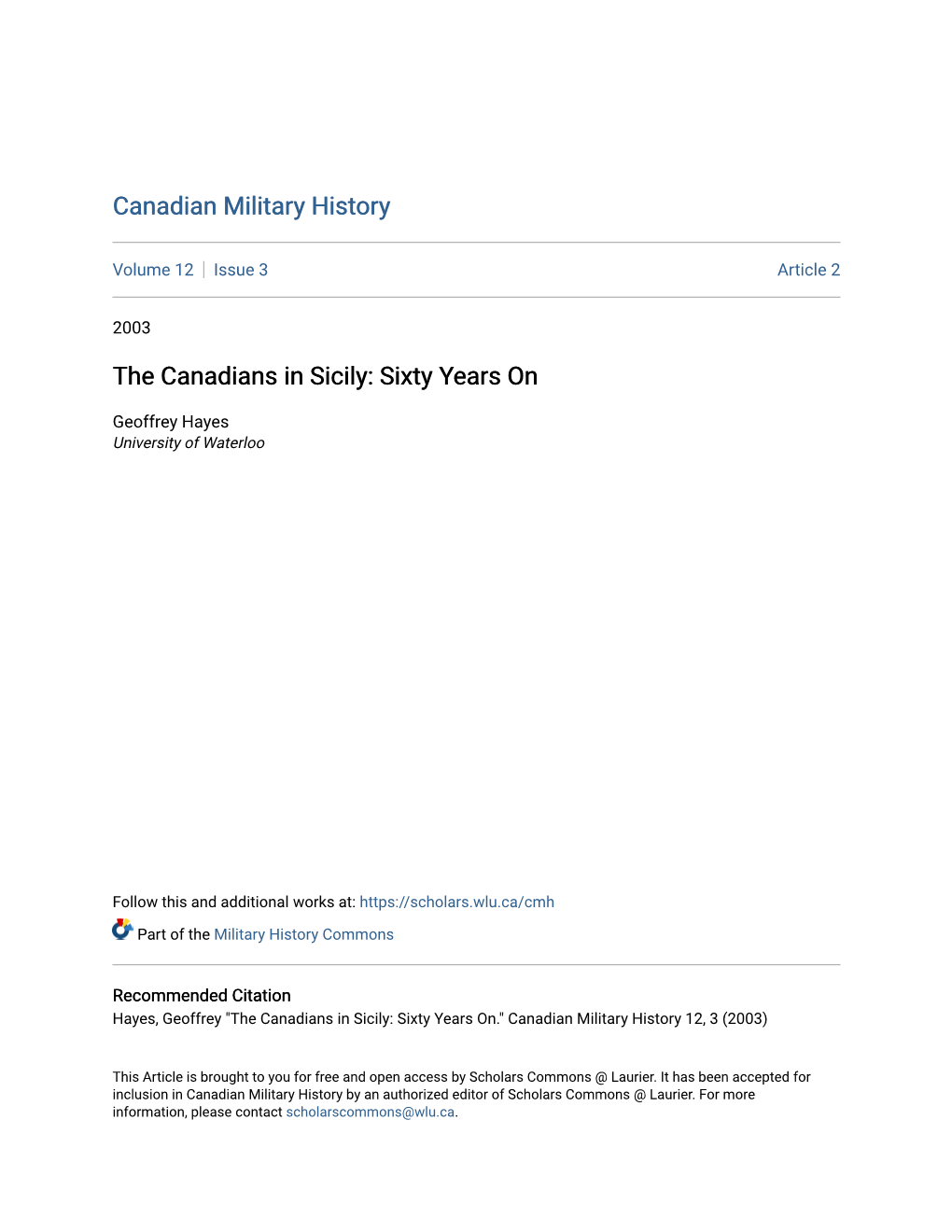 The Canadians in Sicily: Sixty Years On