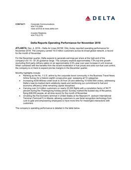Delta Reports Operating Performance for November 2018