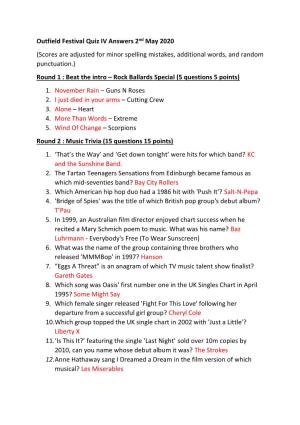 Outfield Festival Quiz IV Answers 2Nd May 2020 (Scores Are Adjusted For