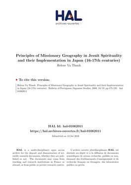 Principles of Missionary Geography in Jesuit Spirituality and Their Implementation in Japan (16-17Th Centuries) Helene Vu Thanh