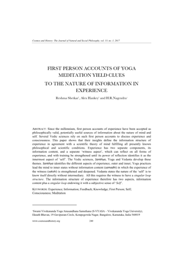 First Person Accounts of Yoga Meditation Yield Clues to the Nature of Information in Experience