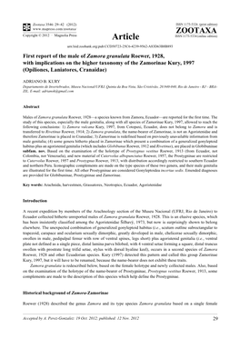 First Report of the Male of Zamora Granulata Roewer, 1928, with Implications on the Higher Taxonomy of the Zamorinae Kury, 1997 (Opiliones, Laniatores, Cranaidae)