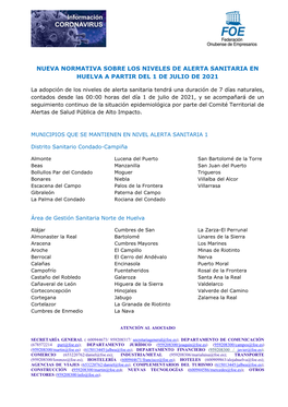 Nueva Normativa Sobre Los Niveles De Alerta Sanitaria En Huelva a Partir Del 1 De Julio De 2021