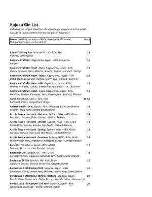 Kajoku Gin List Including the Largest Selection of Japanese Gin Anywhere in the World Outside of Japan and the First Korean Gins in Australia!