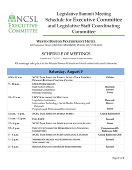 Schedule for Executive Committee and Legislative Staff Coordinating Committee