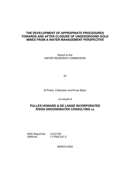 The Development of Appropriate Procedures Towards and After Closure of Underground Gold Mines from a Water Management Perspective