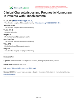 Clinical Characteristics and Prognostic Nomogram in Patients with Pineoblastoma