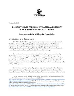 Re: DRAFT ISSUES PAPER on INTELLECTUAL PROPERTY POLICY and ARTIFICIAL INTELLIGENCE Comments of the Wikimedia