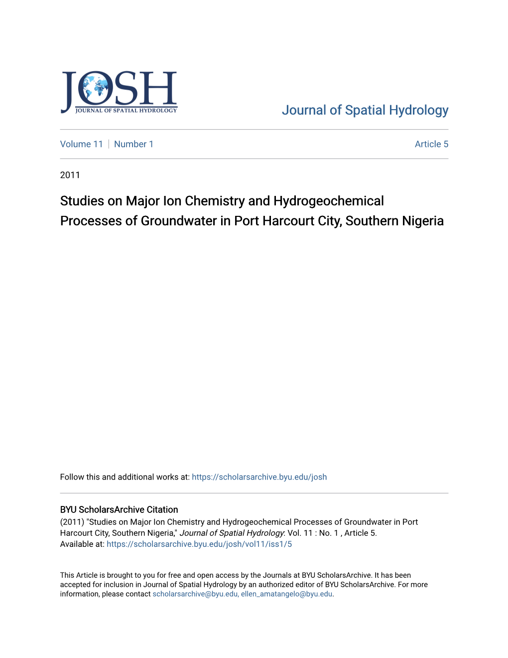 Studies on Major Ion Chemistry and Hydrogeochemical Processes of Groundwater in Port Harcourt City, Southern Nigeria