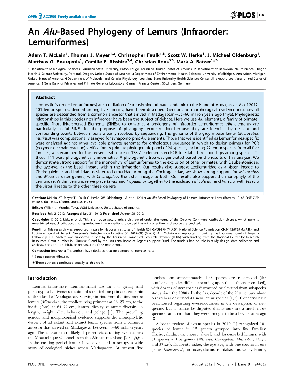 An Alu-Based Phylogeny of Lemurs (Infraorder: Lemuriformes)