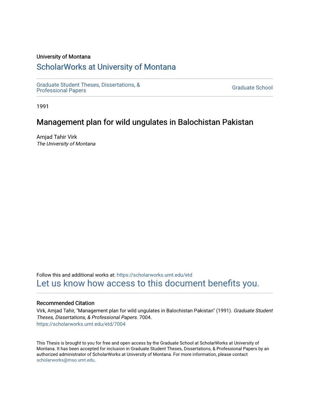 Management Plan for Wild Ungulates in Balochistan Pakistan