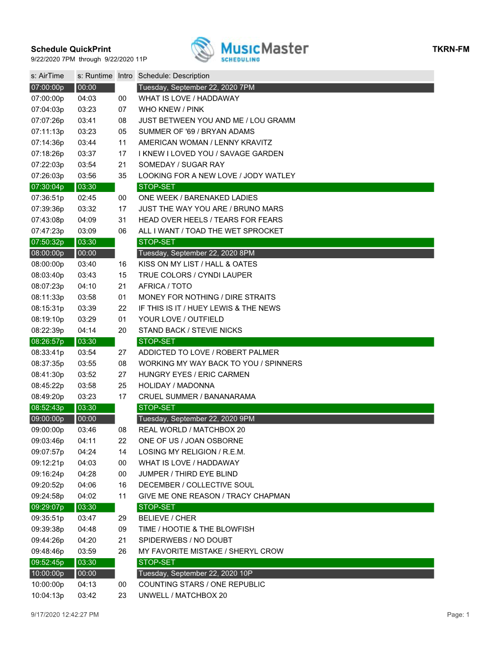 Schedule Quickprint TKRN-FM