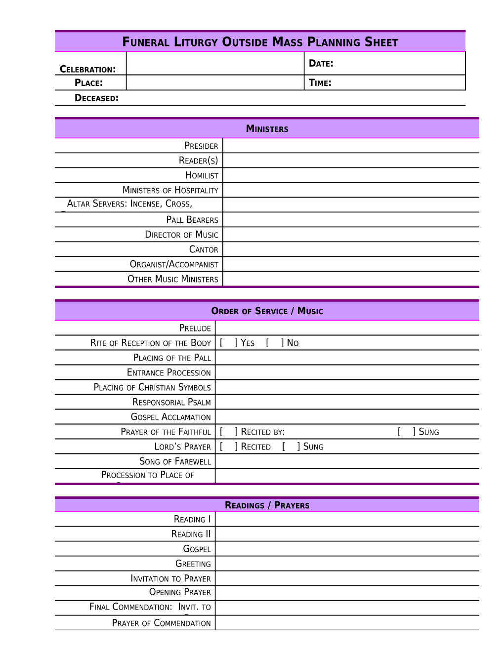 Liturgy Planning Sheet