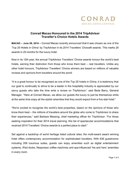 Conrad Macao Honoured in the 2014 Tripadvisor Traveller's Choice