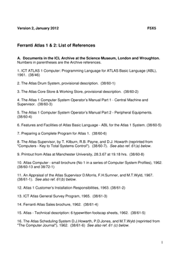 Ferranti Atlas 1 & 2: List of References