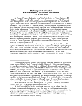 Charles Wesley and Anglicanism in Colonial Boston Ryan Nicholas Danker